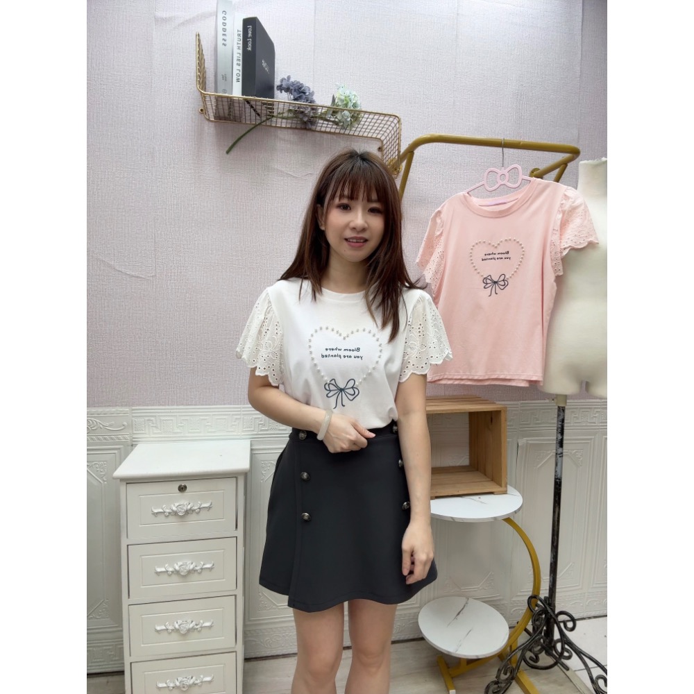 MIMA女王  ❤A160💡燒花蕾絲珍珠愛心棉T-細節圖3