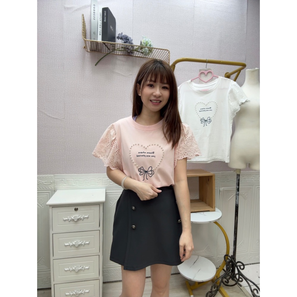 MIMA女王  ❤A160💡燒花蕾絲珍珠愛心棉T-細節圖4