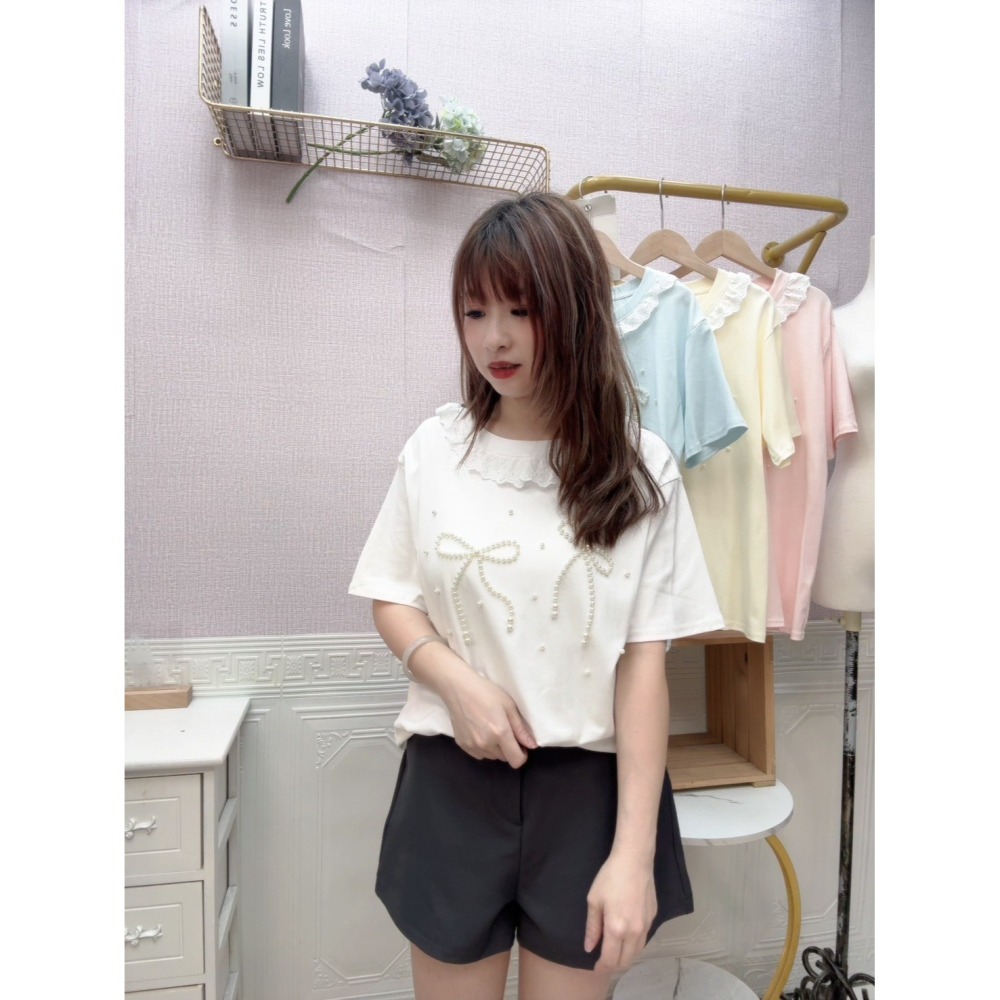 MIMA女王❤A331💡燒花荷葉領綴珍珠冰棉上衣-細節圖3