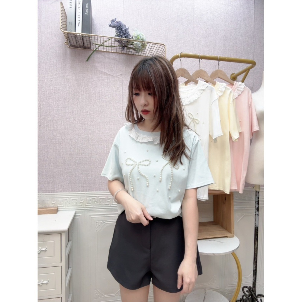 MIMA女王❤A331💡燒花荷葉領綴珍珠冰棉上衣-細節圖4