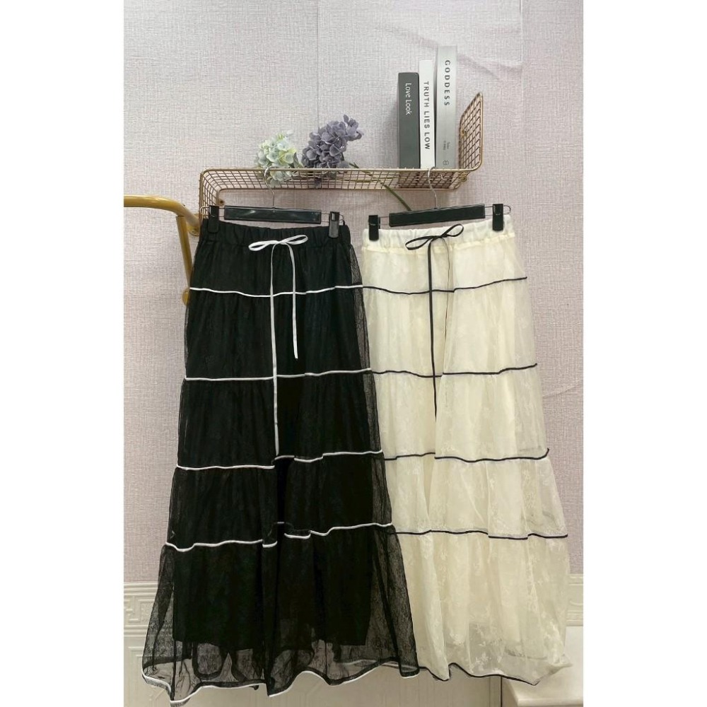 MIMA女王❤A382💡蕾絲配色滾邊長裙-細節圖3