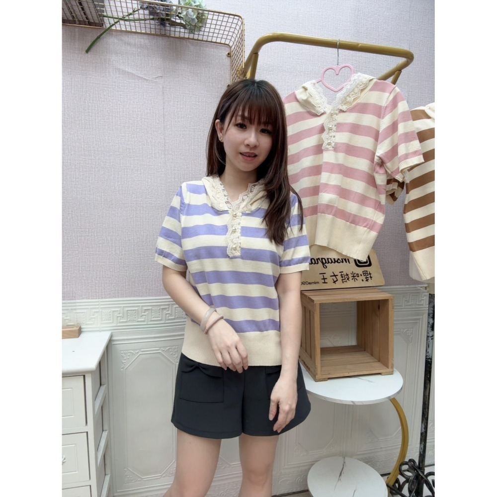 MIMA女王❤A393💡條紋連帽綴蕾絲上衣-細節圖2