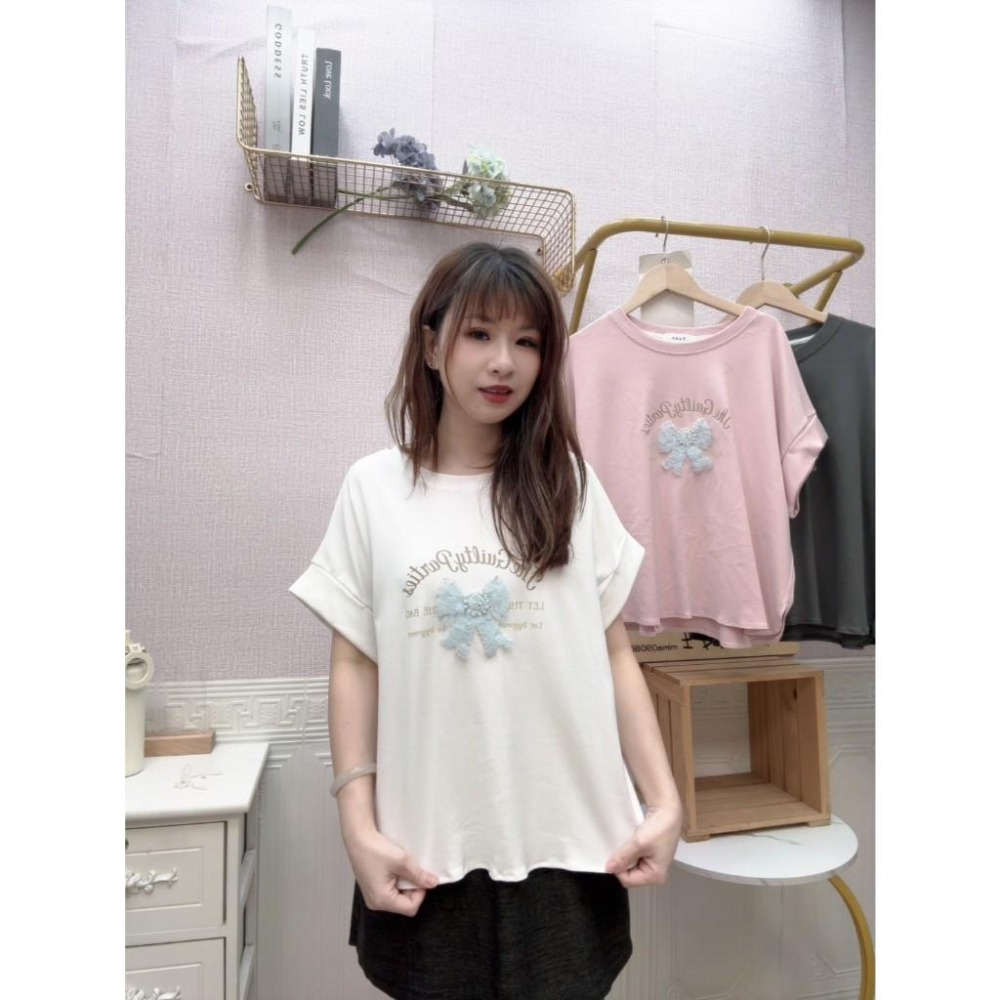 MIMA女王❤A522💡甜美滿分網紗蝴蝶結釘珠反摺上衣-細節圖3
