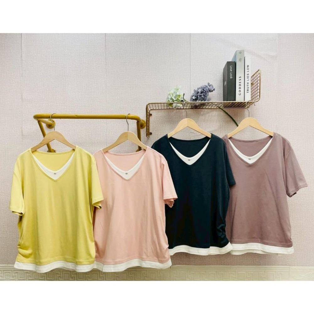 MIMA女王❤A750💡層次感V領撞色假二件百搭上衣-細節圖4