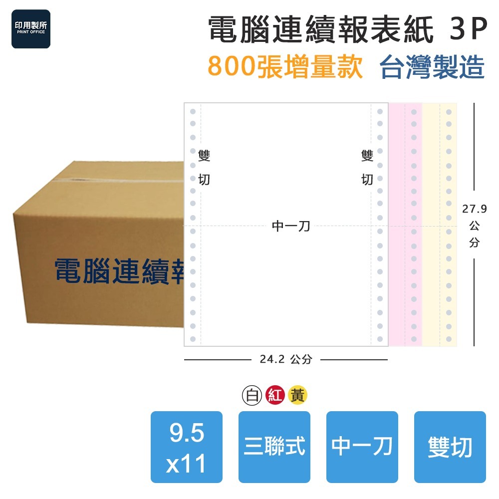 【電腦連續報表紙】3P 9.5 x 11 三聯式 雙切 中一刀 台灣製造-細節圖3