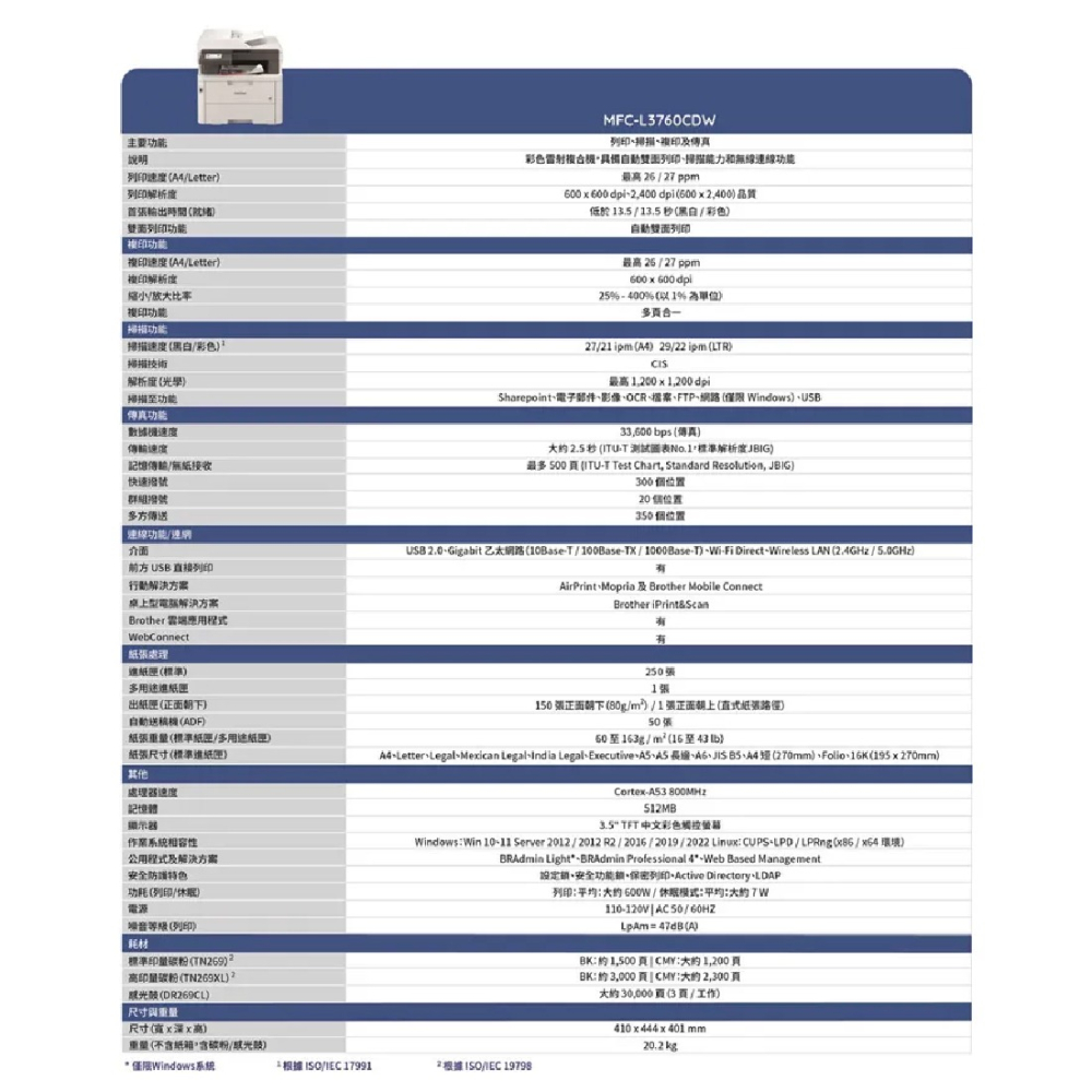 Brother MFC-L3760CDW【送延長線+含原廠碳粉/副廠光鼓】傳真多功能 彩色雷射印表機-細節圖9