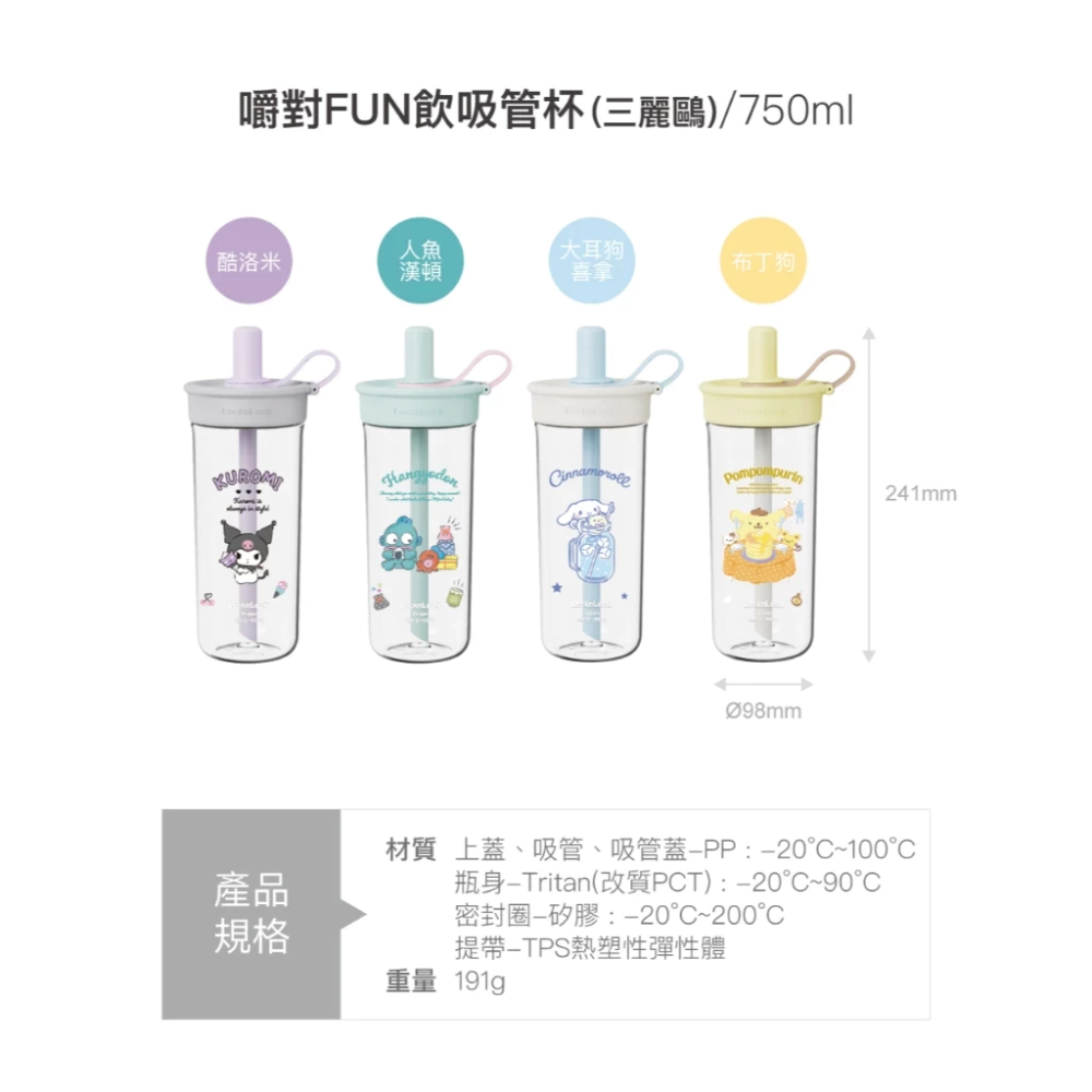 限量款 Lock&Lock 樂扣樂扣 嚼對FUN飲吸管杯 750ml 三麗鷗聯名款 醜魚漢頓 庫洛米 大耳狗-細節圖3