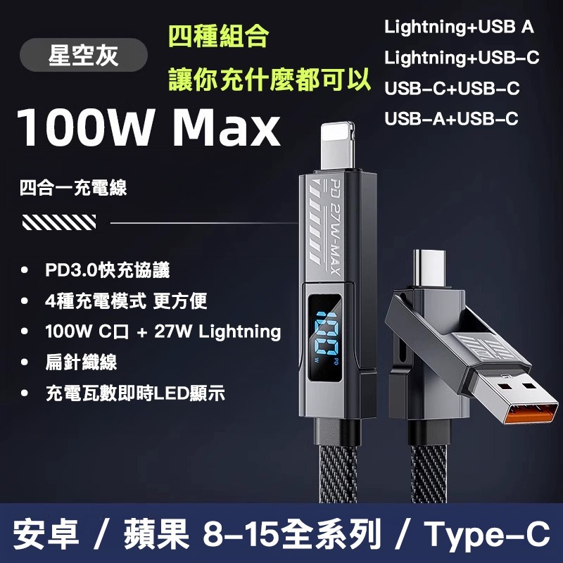 4合1 充電線 顯示 瓦數 LED 顯示 扁針織線 100W iPhone Lightning USB type c-細節圖2