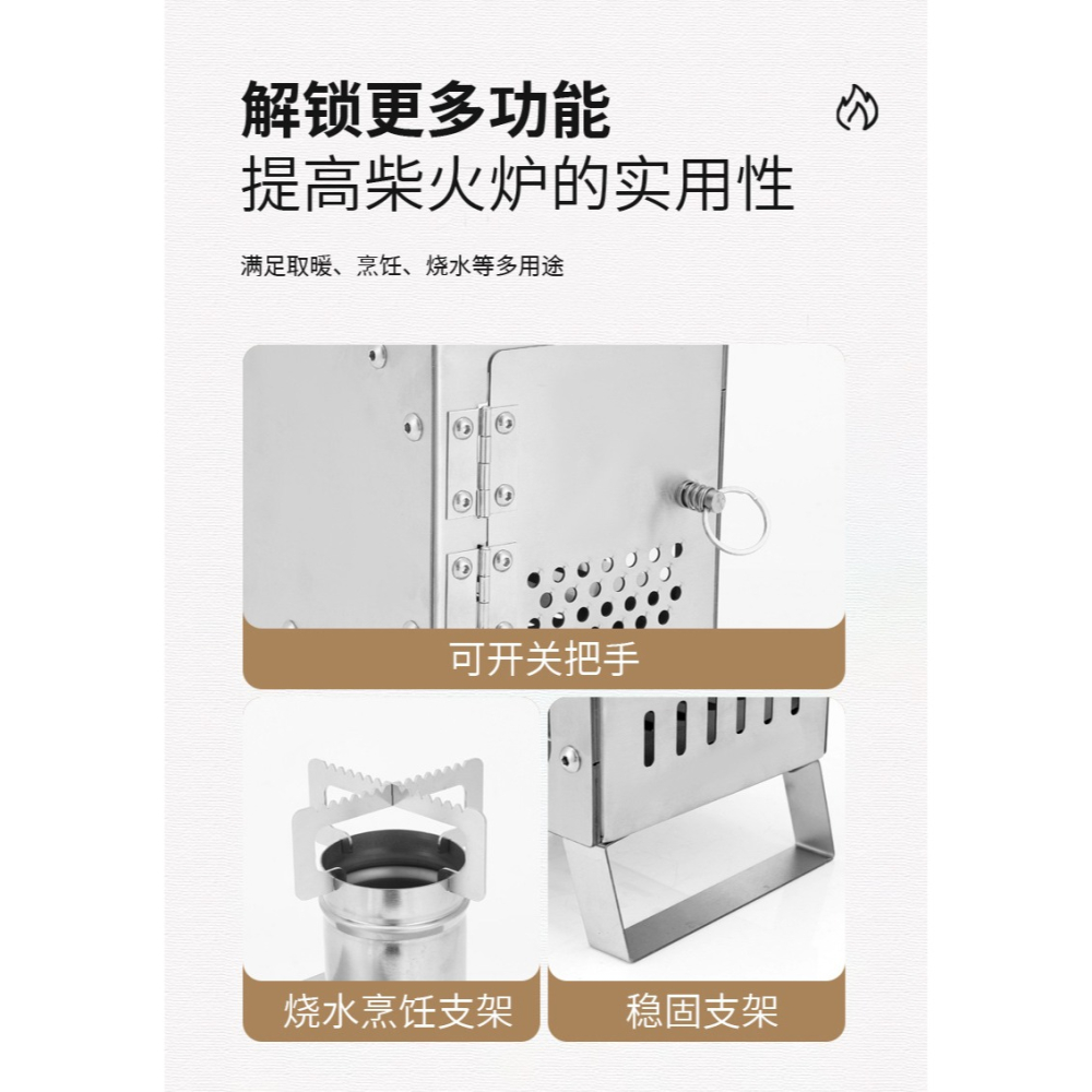 (台灣現貨)Mini柴火爐~小巧可愛戶外玻璃爐木炭柴火不鏽鋼便攜式多功能取暖柴火爐{梵鑫國際商行}-細節圖5