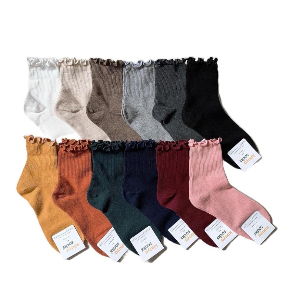 Anyshop韓國襪 花邊 素色襪 荷葉邊 中筒襪 素色襪子 氣質襪子 長襪 韓襪 韓國襪 韓國襪子 木耳邊01201-細節圖2