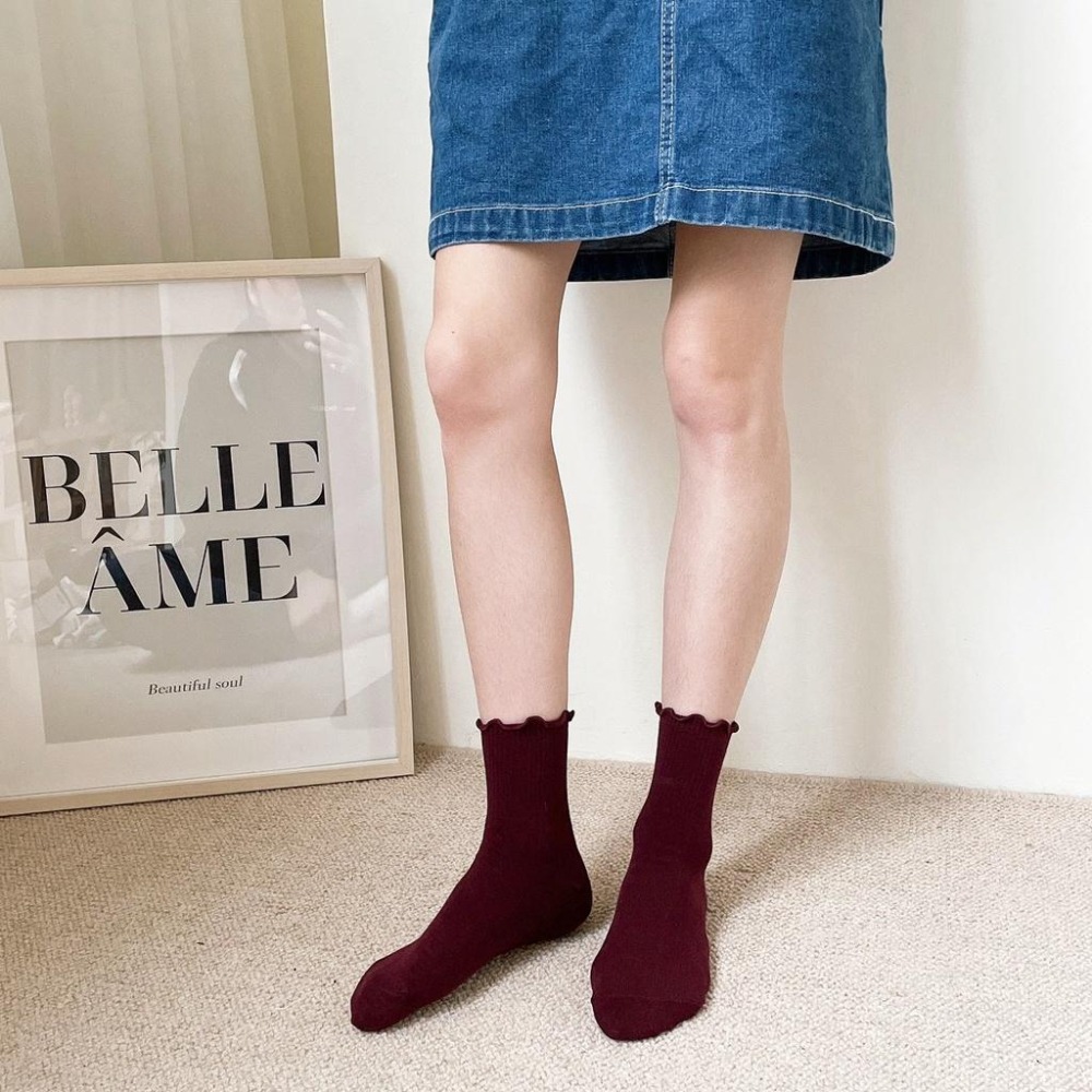 Anyshop韓國襪 花邊 素色襪 荷葉邊 中筒襪 素色襪子 氣質襪子 長襪 韓襪 韓國襪 韓國襪子 木耳邊01201-細節圖9