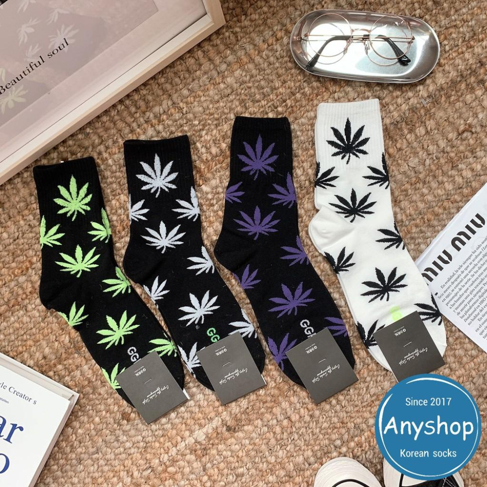 Anyshop韓國襪 大麻葉襪 男襪 中筒襪 正韓襪 螢光色系 歐巴穿搭 帥氣男襪 韓國男襪 純棉襪 男友禮物13802-細節圖2