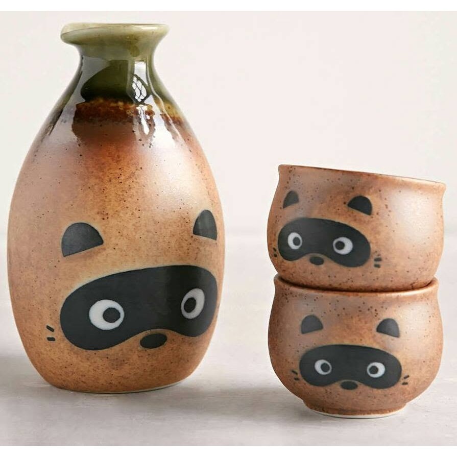 【長期代購】日本製 信楽燒狸貓陶瓷酒器 清酒瓶組 一壺兩杯-細節圖2