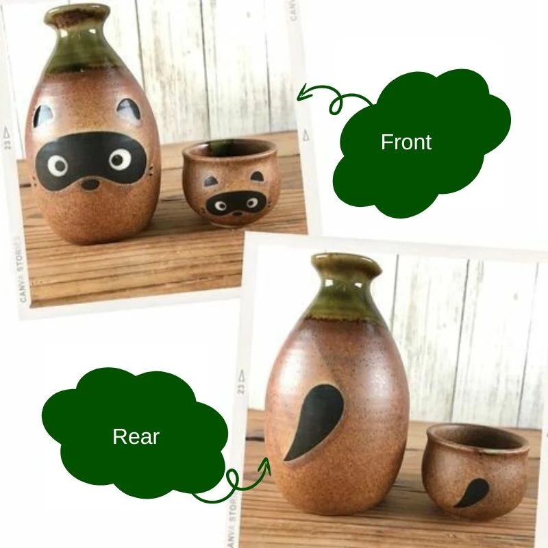 【長期代購】日本製 信楽燒狸貓陶瓷酒器 清酒瓶組 一壺兩杯-細節圖3