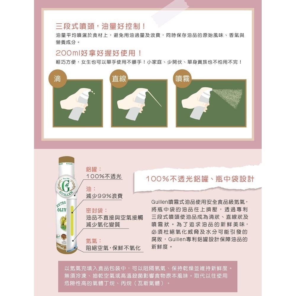 Guillen西班牙原裝進口噴霧式 噴油罐 噴油瓶 橄欖油 特級冷壓初榨 200ml氣炸鍋專用❤️ㄚ比小鼻❤️(現貨)-細節圖3