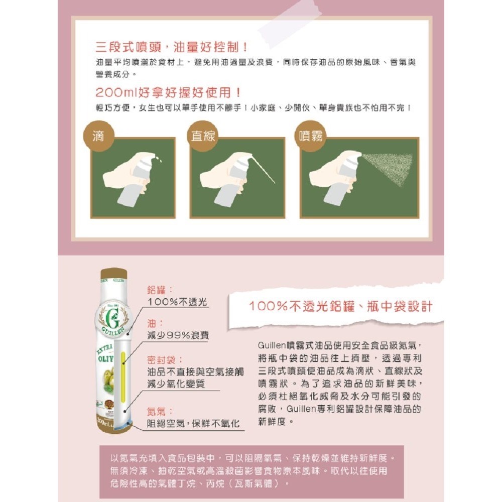 Guillen西班牙原裝進口 噴霧式 噴油罐 噴油瓶 酪梨橄欖油 特級冷壓初榨 200ml氣炸鍋❤️ㄚ比小鼻❤️(現貨)-細節圖3
