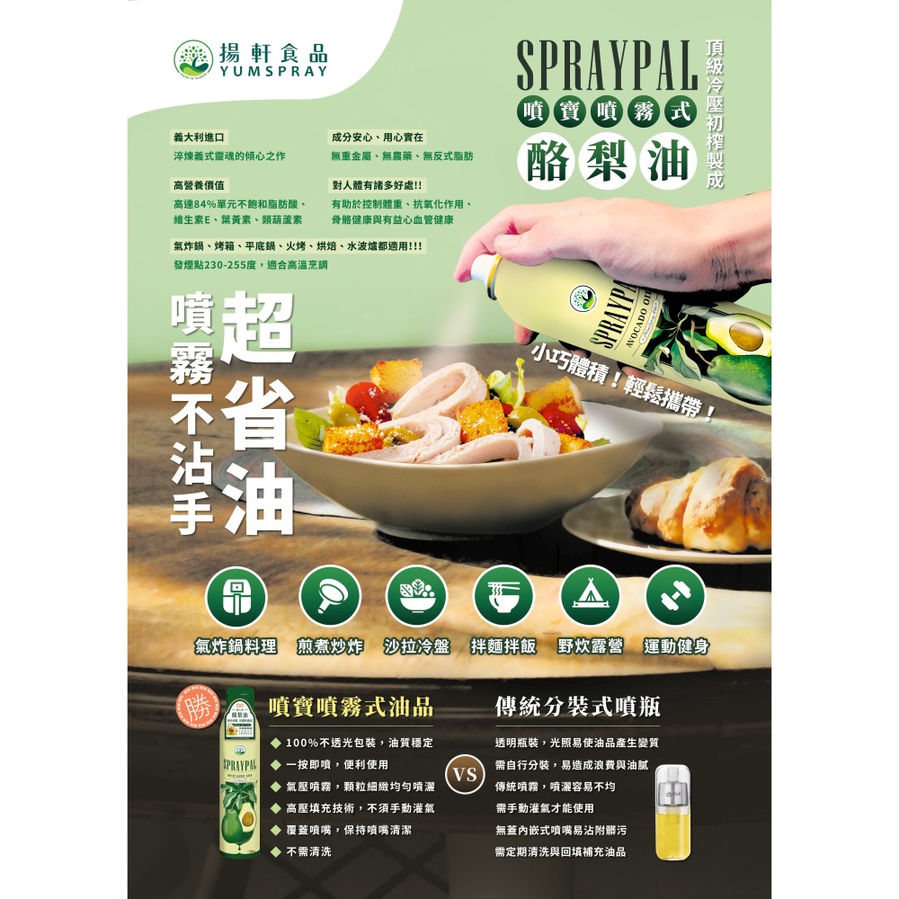 【Spraypal噴寶】義大利純天然噴霧式酪梨油-120ML 氣炸鍋、烤箱、平底鍋都適用 ❤️ㄚ比小鼻❤️(現貨)-細節圖3