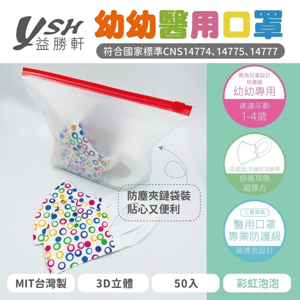 YSH益勝軒-幼幼3D立體醫療口罩 50入/盒(10cm x 14.5cm(±0.5CM)超取限12盒❤️ㄚ比小鼻❤️-規格圖3