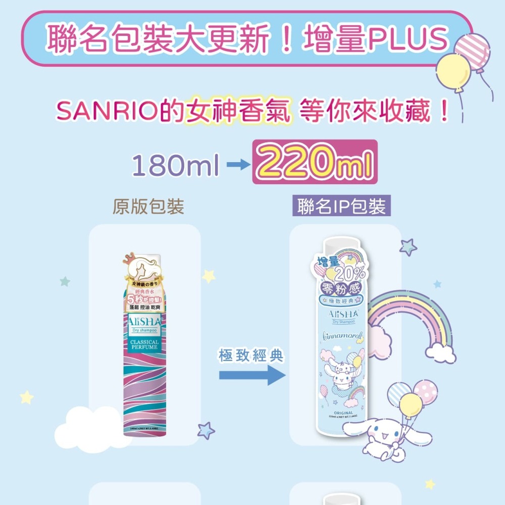 AliSHA 妍樂羋 限定版三麗鷗聯名乾洗髮噴霧 頭髮乾洗劑220ml 乾洗髮／乾洗頭 (現貨)❤️ㄚ比小鼻❤️-細節圖2