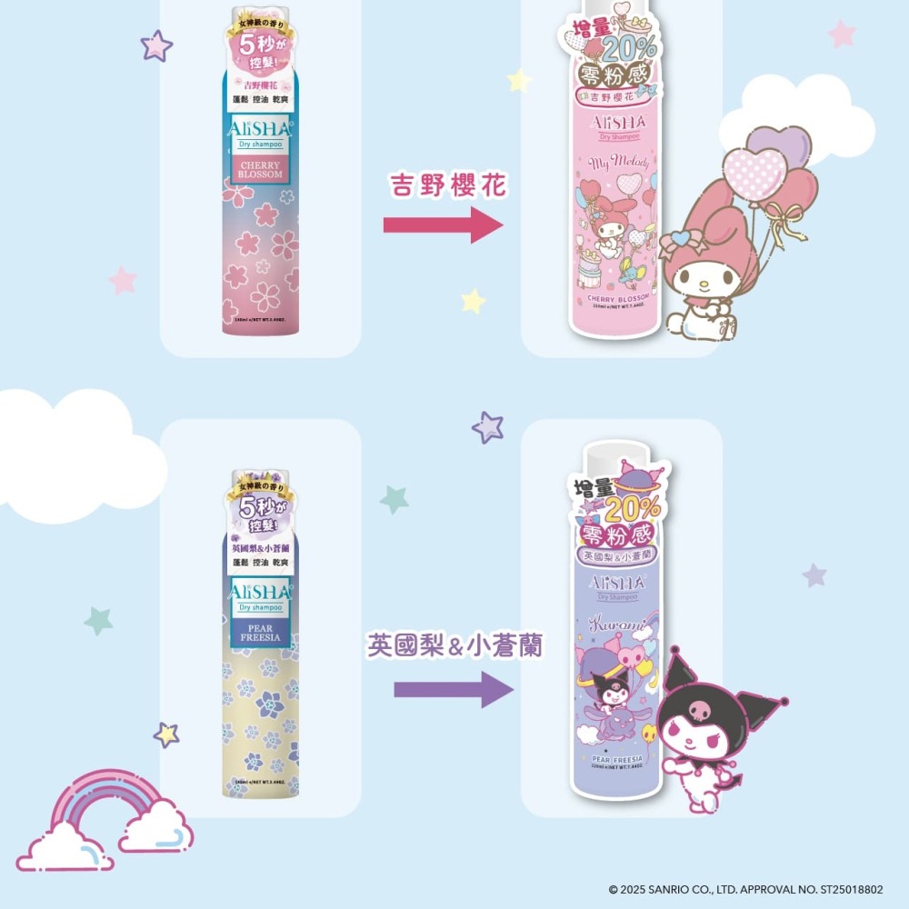 AliSHA 妍樂羋 限定版三麗鷗聯名乾洗髮噴霧 頭髮乾洗劑220ml 乾洗髮／乾洗頭 (現貨)❤️ㄚ比小鼻❤️-細節圖3