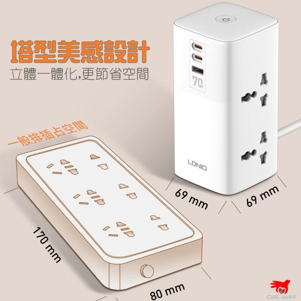LDNIO 力德諾 氮化鎵70W桌面充電器 送充電線!PD快充立式延長線 GAN QC5 Type C 豆腐頭排插充電塔-細節圖8