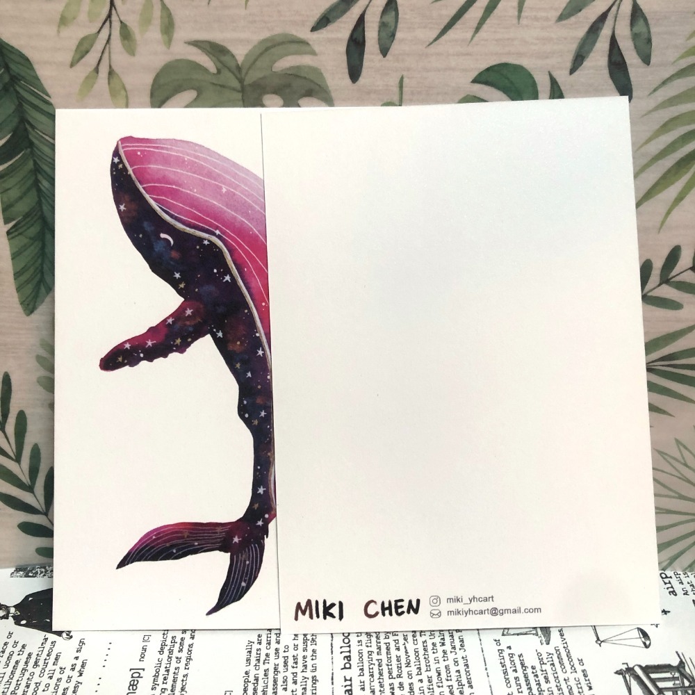 【Miki Chen 插畫工作室】台灣原創插畫明信片-紫色的夢想座頭鯨 水彩墨水風格海洋生物-細節圖2