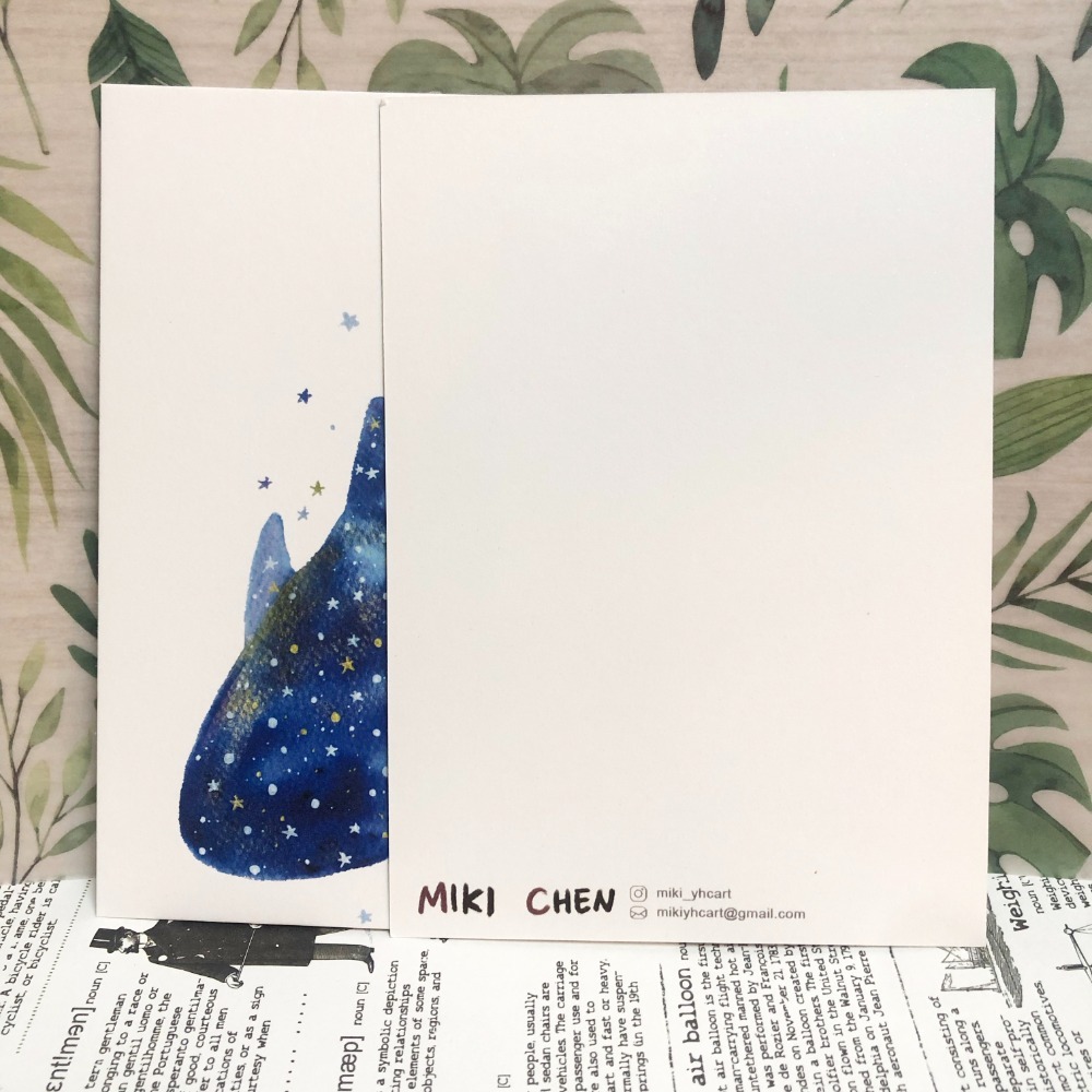 【Miki Chen 插畫工作室】台灣原創插畫明信片-鯨鯊藍色的夢 水彩墨水風格海洋生物-細節圖2