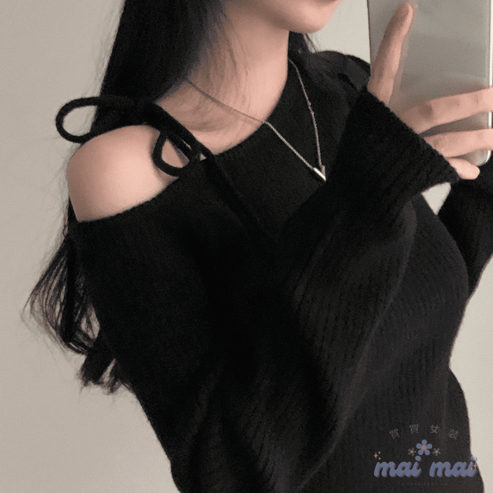 【買買女裝】台灣出貨 斜肩綁帶針織毛衣 紅色毛衣 露肩上衣 長袖上衣 女上衣 綁帶上衣 斜肩毛衣 安可拉紅【W323#】-規格圖9