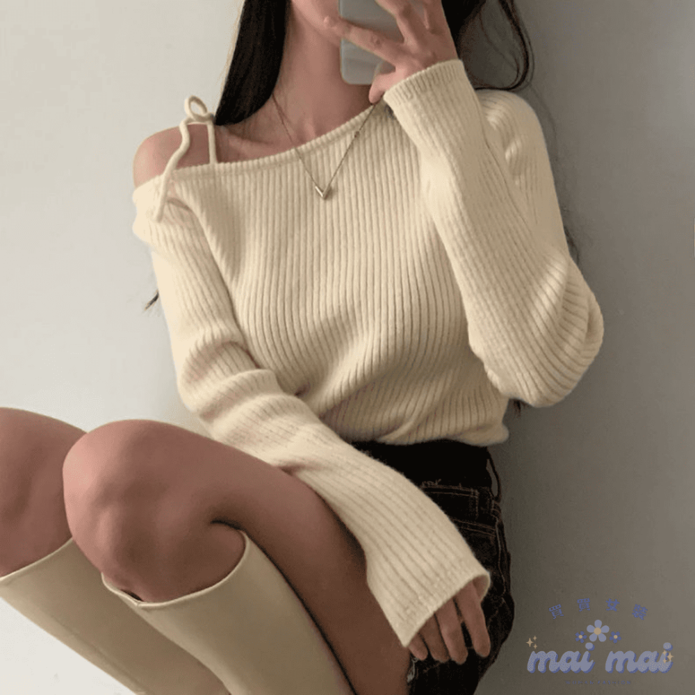 【買買女裝】台灣出貨 斜肩綁帶針織毛衣 紅色毛衣 露肩上衣 長袖上衣 女上衣 綁帶上衣 斜肩毛衣 安可拉紅【W323#】-規格圖9