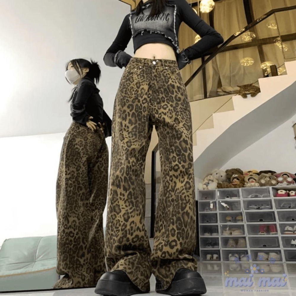 【買買女裝】台灣出貨 美式複古豹紋闊腿牛仔褲 女 長褲 直筒拖地褲 豹紋 牛仔褲 豹紋褲【P002#】-細節圖2