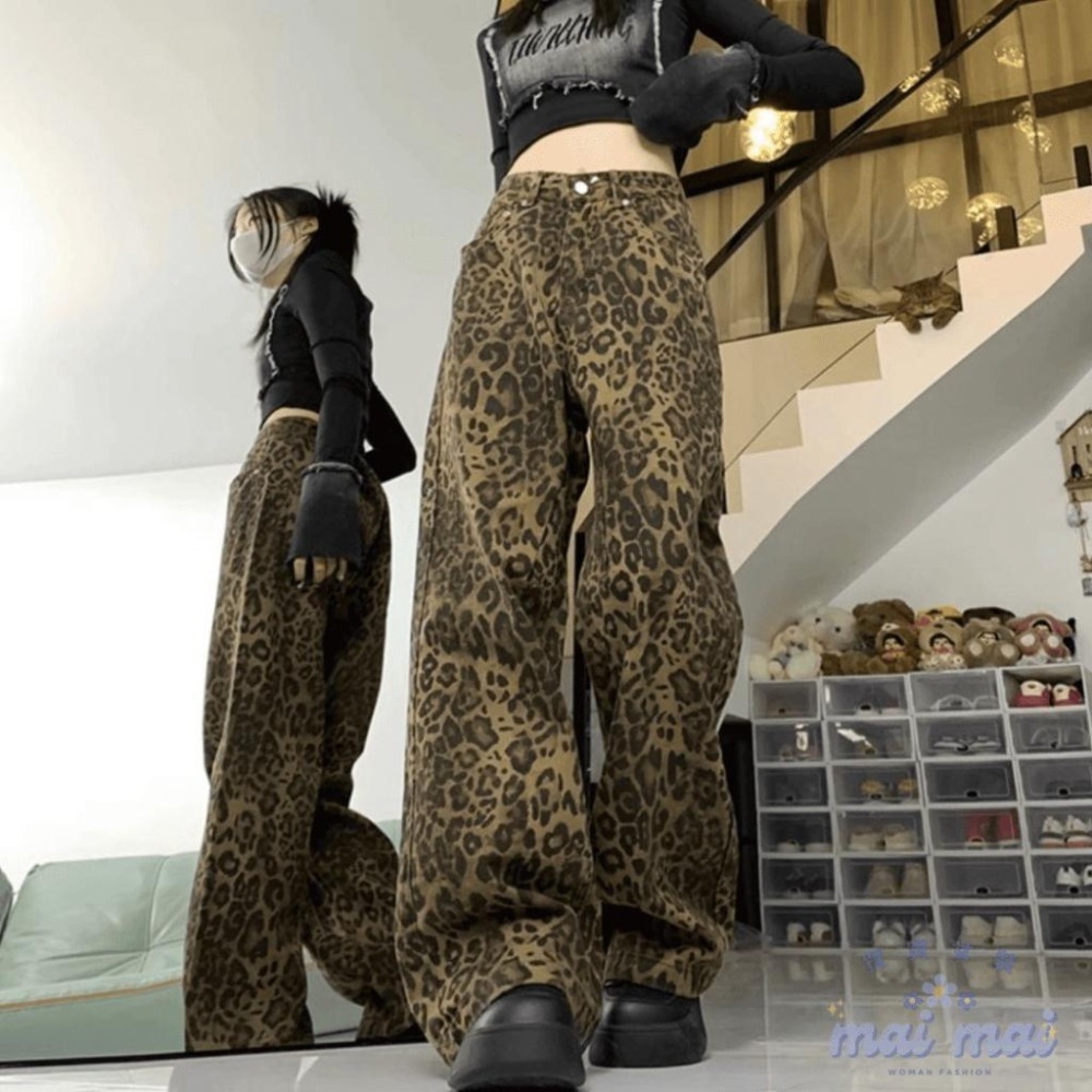 【買買女裝】台灣出貨 美式複古豹紋闊腿牛仔褲 女 長褲 直筒拖地褲 豹紋 牛仔褲 豹紋褲【P002#】-細節圖6