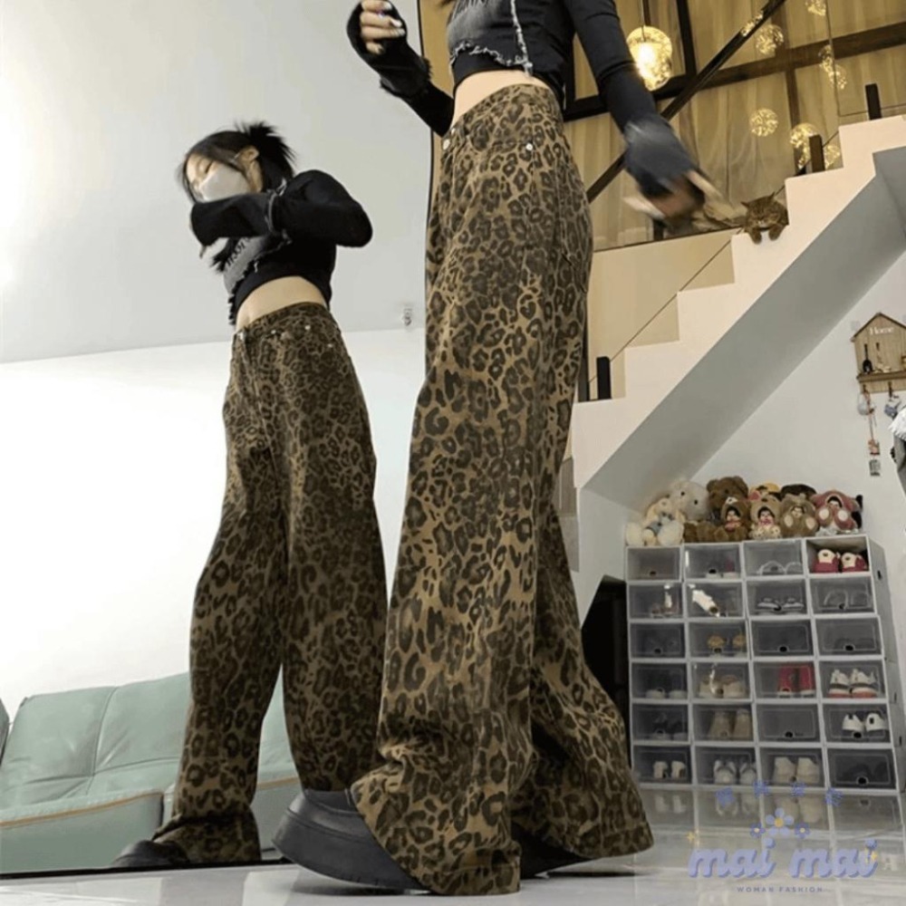 【買買女裝】台灣出貨 美式複古豹紋闊腿牛仔褲 女 長褲 直筒拖地褲 豹紋 牛仔褲 豹紋褲【P002#】-細節圖7