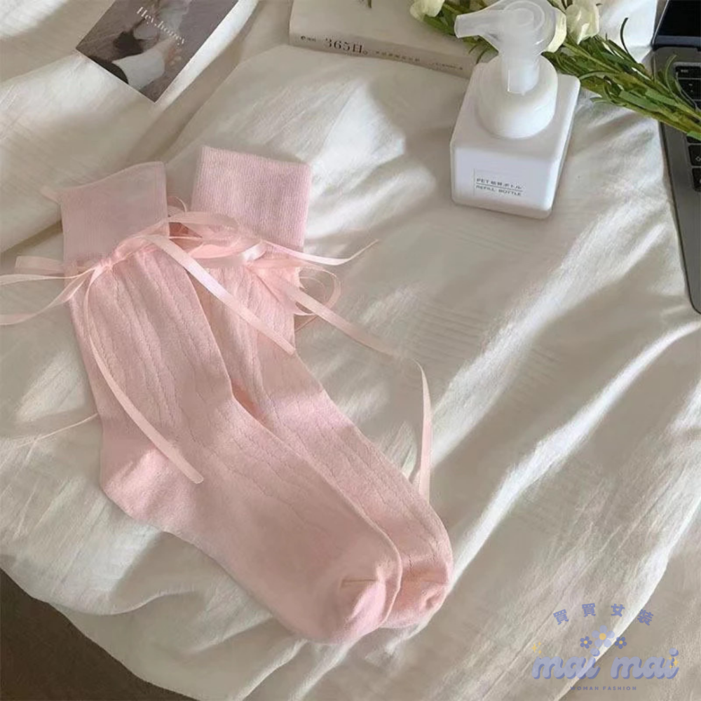 【買買女裝】台灣現貨🚚 粉色綁帶襪子 蝴蝶結襪子🎀 芭蕾風 中筒襪 素色襪子 緞帶襪 薄款襪子 網眼鏤空【A001#】-規格圖7