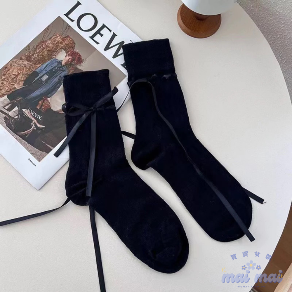 【買買女裝】台灣現貨🚚 粉色綁帶襪子 蝴蝶結襪子🎀 芭蕾風 中筒襪 素色襪子 緞帶襪 薄款襪子 網眼鏤空【A001#】-規格圖7