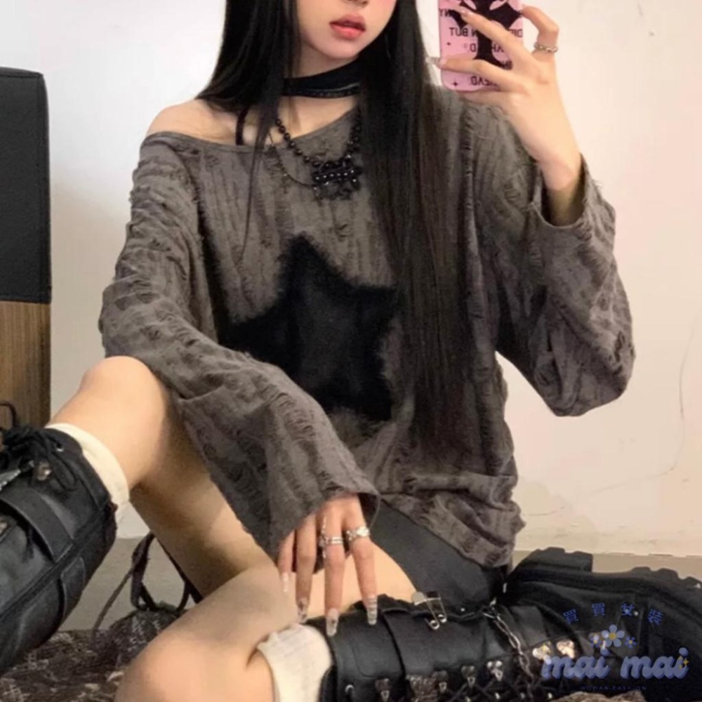 【買買女裝】台灣現貨 y2k 針織上衣 廢土風 個性抽繩 星星上衣 美式上衣 白色廢土風 秋季女上衣【W320#】-細節圖2