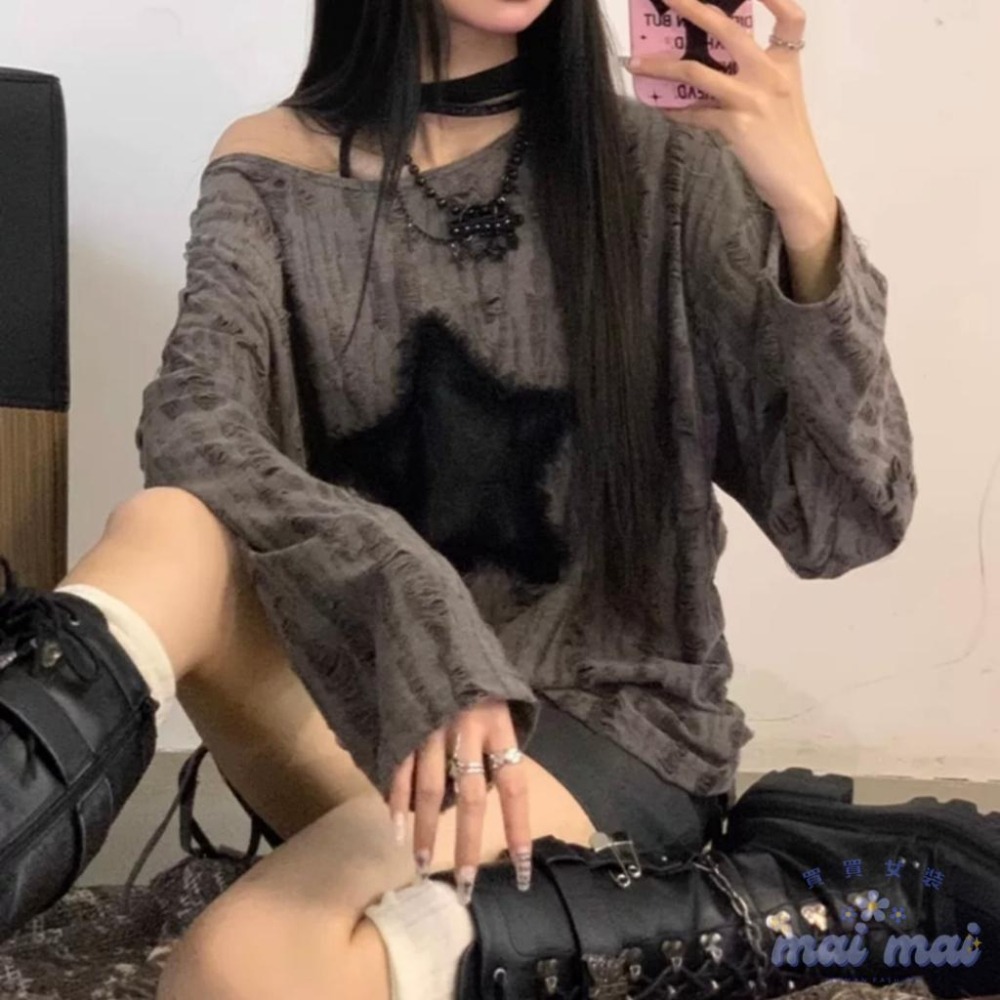 【買買女裝】台灣現貨 y2k 針織上衣 廢土風 個性抽繩 星星上衣 美式上衣 白色廢土風 秋季女上衣【W320#】-細節圖4