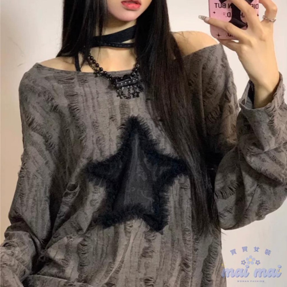 【買買女裝】台灣現貨 y2k 針織上衣 廢土風 個性抽繩 星星上衣 美式上衣 白色廢土風 秋季女上衣【W320#】-細節圖6