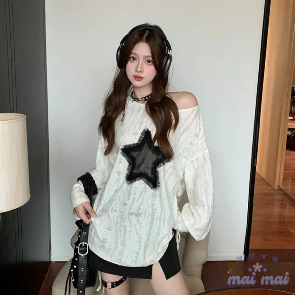 【買買女裝】台灣現貨 y2k 針織上衣 廢土風 個性抽繩 星星上衣 美式上衣 白色廢土風 秋季女上衣【W320#】-細節圖7