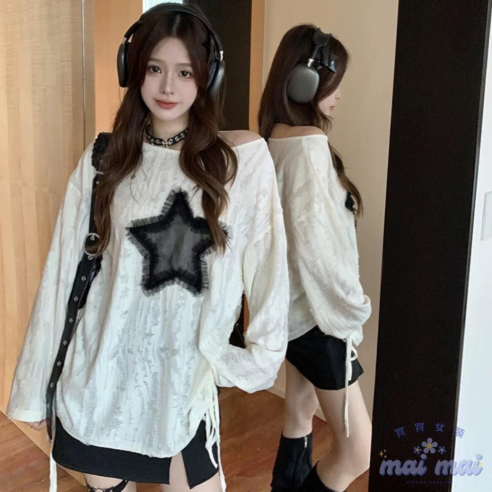 【買買女裝】台灣現貨 y2k 針織上衣 廢土風 個性抽繩 星星上衣 美式上衣 白色廢土風 秋季女上衣【W320#】-細節圖8