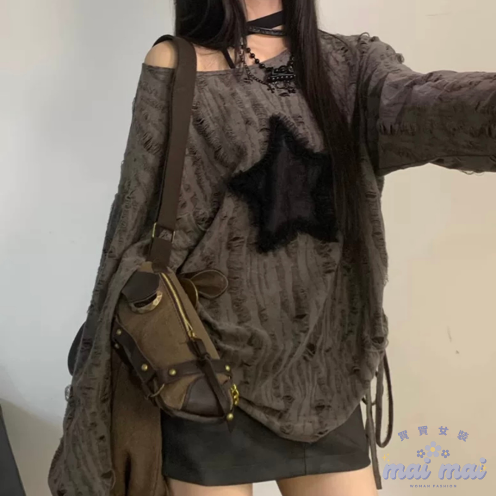 【買買女裝】台灣現貨 y2k 針織上衣 廢土風 個性抽繩 星星上衣 美式上衣 白色廢土風 秋季女上衣【W320#】-規格圖9