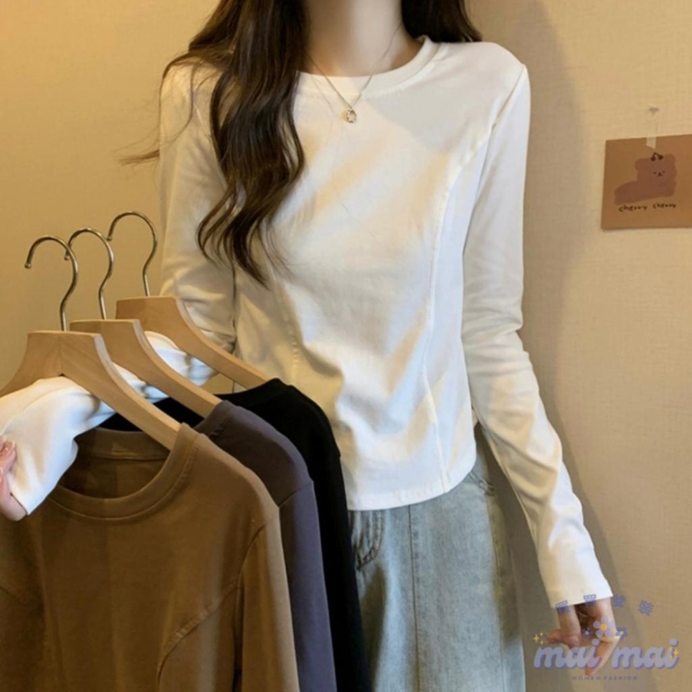 【買買女裝】台灣現貨 薄款弧形長袖上衣 長袖t恤 春秋薄上衣 女生上衣 薄長袖 素T 素面上衣 長袖上衣【W332#】-細節圖2
