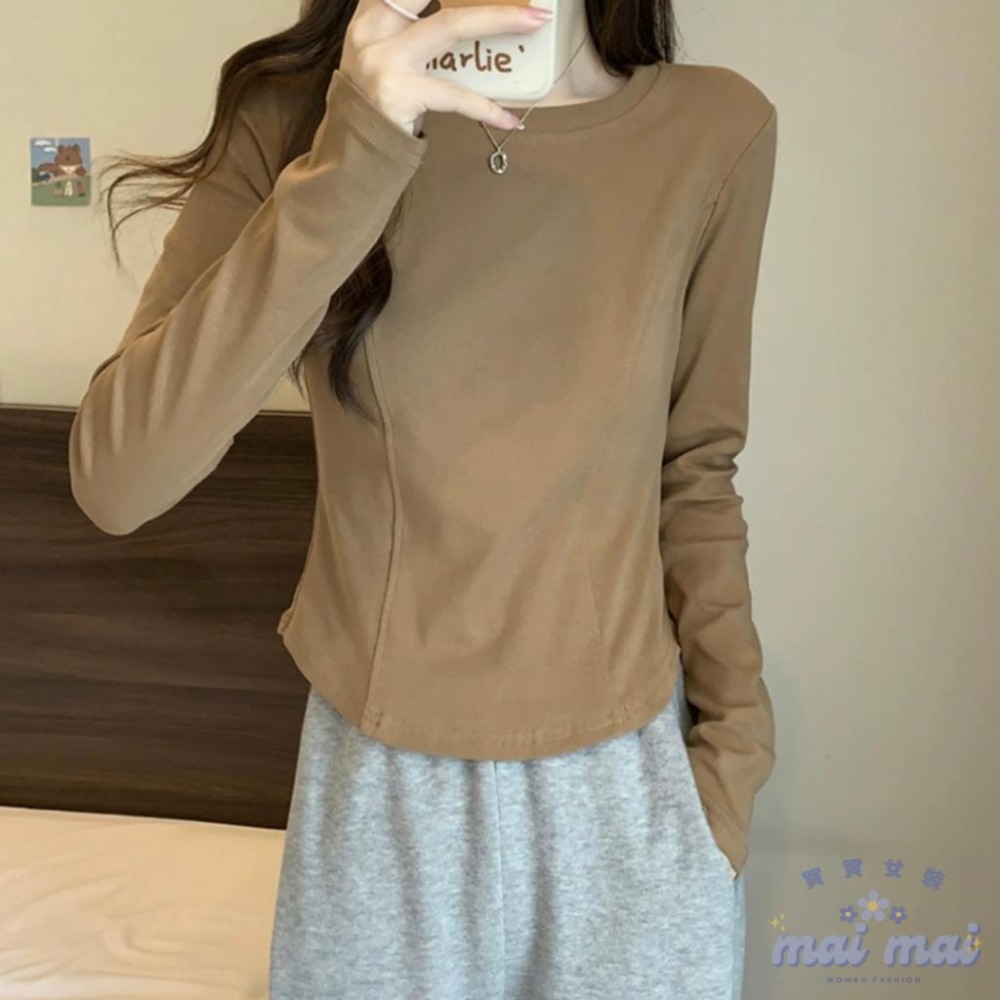 【買買女裝】台灣現貨 薄款弧形長袖上衣 長袖t恤 春秋薄上衣 女生上衣 薄長袖 素T 素面上衣 長袖上衣【W332#】-細節圖4