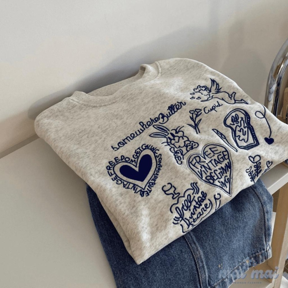 【買買女裝】台灣現貨 兔兔天使大學t 刺繡大學踢 大學t長袖 韓版大學t 美式大學t 韓國大學t 冬天女裝【W325#】-細節圖2