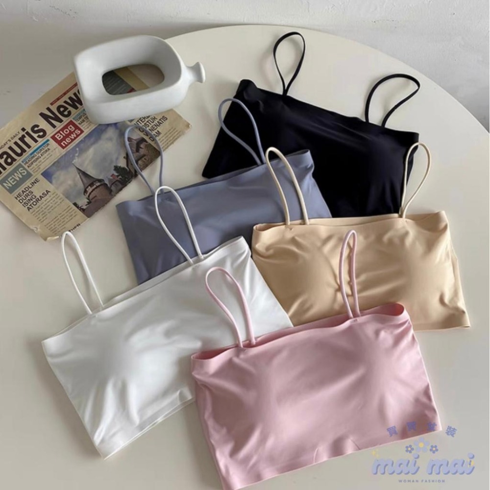 【買買女裝】台灣現貨 可拆洗小可愛 冰絲涼感平口細肩 帶胸墊免穿內衣 無痕背心 小可愛 冰絲背心 短版上衣【B802#】-細節圖2