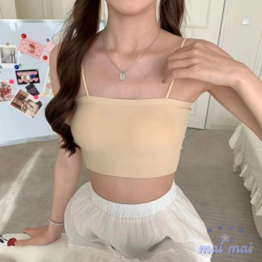 【買買女裝】台灣現貨 可拆洗小可愛 冰絲涼感平口細肩 帶胸墊免穿內衣 無痕背心 小可愛 冰絲背心 短版上衣【B802#】-細節圖8