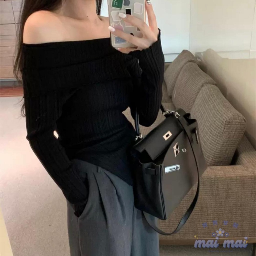 【買買女裝】台灣現貨 辣爆彈性一字領 顯瘦 女裝 長袖 美肩一字領彈性上衣 毛衣 上衣 一字領 露肩上衣【W331#】-細節圖6