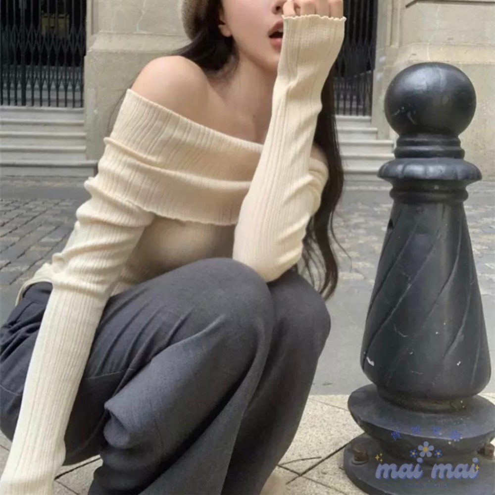 【買買女裝】台灣現貨 辣爆彈性一字領 顯瘦 女裝 長袖 美肩一字領彈性上衣 毛衣 上衣 一字領 露肩上衣【W331#】-細節圖7