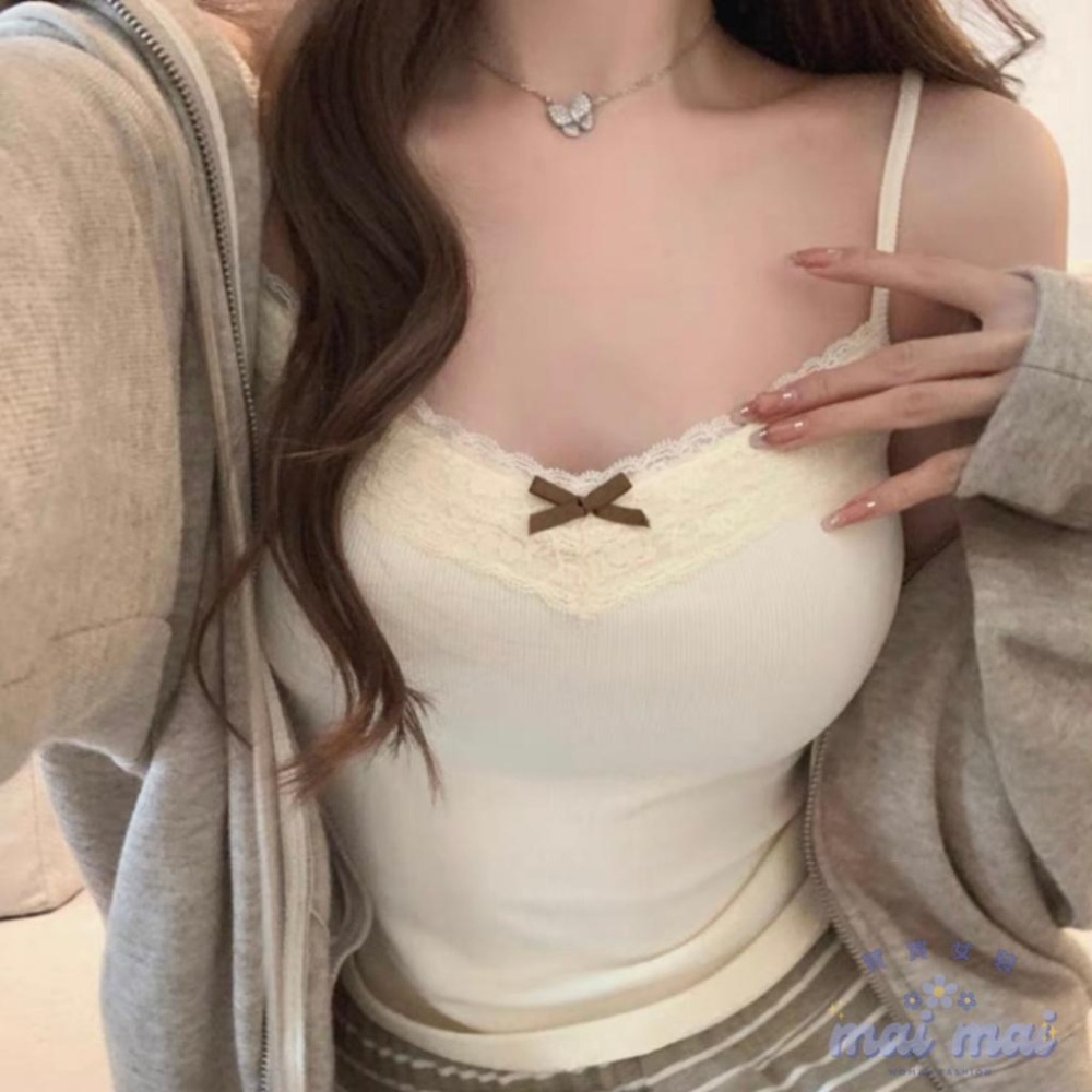 【買買女裝】台灣現貨 蝴蝶結背心 蕾絲花邊背心 純慾風背心 灰色吊帶背心女 自帶胸墊 內搭 外穿 吊帶背心【B807#】-細節圖2