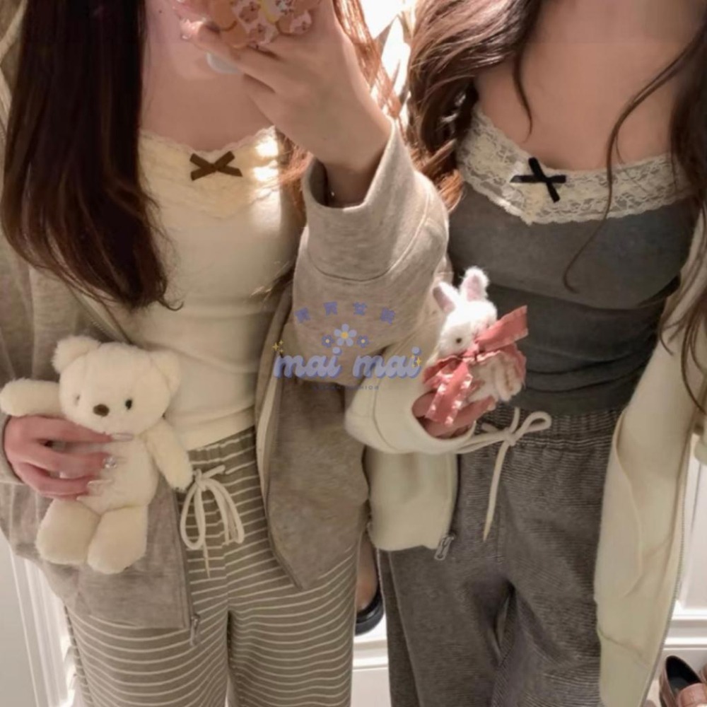 【買買女裝】台灣現貨 蝴蝶結背心 蕾絲花邊背心 純慾風背心 灰色吊帶背心女 自帶胸墊 內搭 外穿 吊帶背心【B807#】-細節圖3