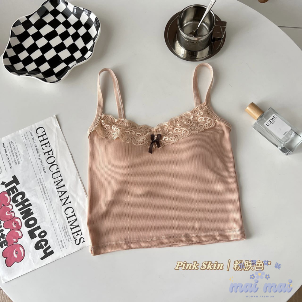 【買買女裝】台灣現貨 蝴蝶結背心 蕾絲花邊背心 純慾風背心 灰色吊帶背心女 自帶胸墊 內搭 外穿 吊帶背心【B807#】-規格圖5